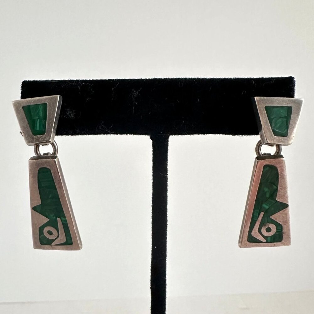 Taxco Mexico 925 Sterling Silver Malachite Inlay Modernist Dangle Earrings TS-70